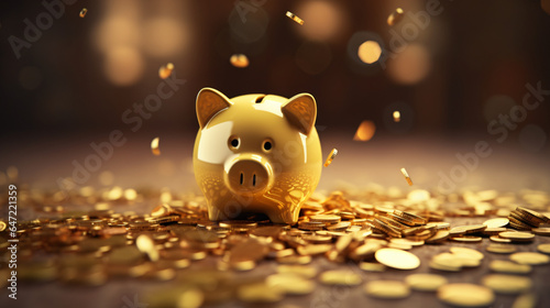 Golden piggy bank with falling coins. Savings