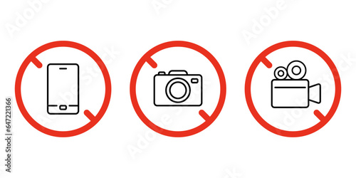 Prohibited smartphone, photo and video camera icon. No shooting on phone and camera. Forbidden make photography, talk on telephone, shoot scene film on camcorder symbol. Vector