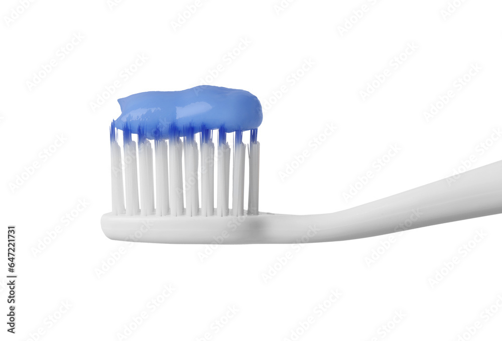 Plastic toothbrush with paste on white background, closeup Plastic toothbrush with paste on white background, closeup