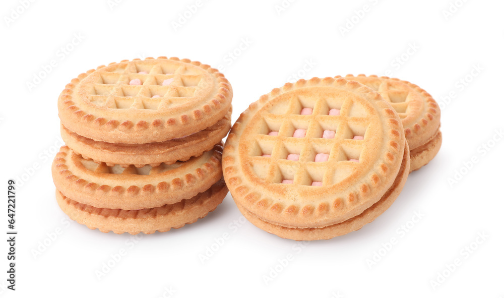 Tasty sandwich cookies with cream isolated on white Tasty sandwich cookies with cream isolated on white