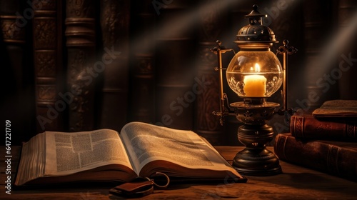 An Opened Book Beside An Ancient Lamp