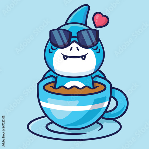 Cute Shark In A Cup Of Coffee Vector Cartoon Illustration