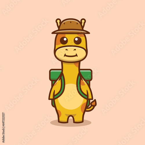 Cute Giraffe Character Mountain Bag And Hat Cartoon Vector Illustration.