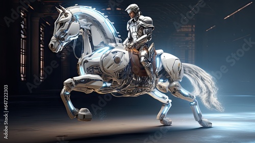 Model on a robotic steed, illustrating a fusion of ancient and futuristic, set in a digital arena © Filip