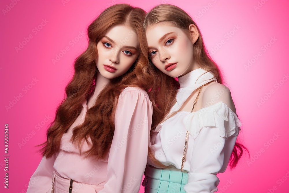Portrait of two beautiful girls in the studio on a pink background