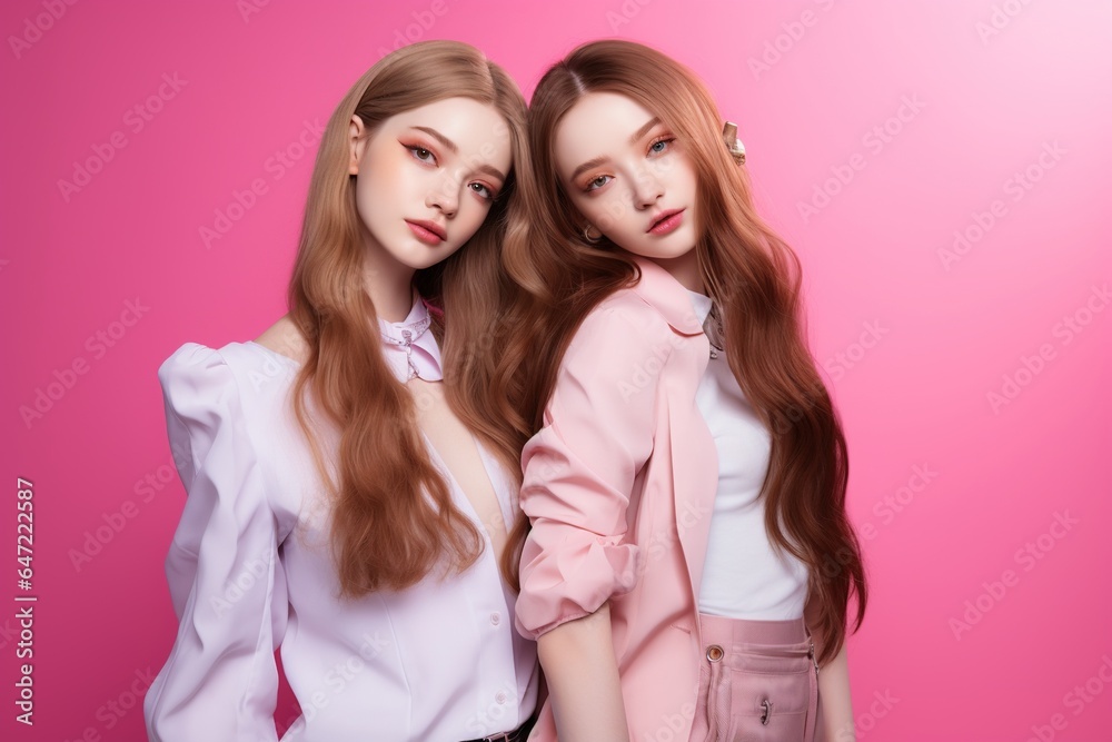 Portrait of two beautiful girls in the studio on a pink background Portrait of two beautiful girls in the studio on a pink background