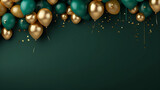 green-gold metallic balloons with ribbons and sequins on a green background