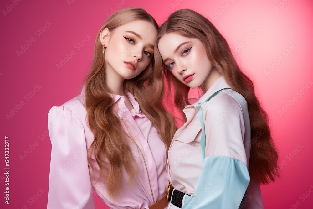 Portrait of two beautiful girls in the studio on a pink background Portrait of two beautiful girls in the studio on a pink background