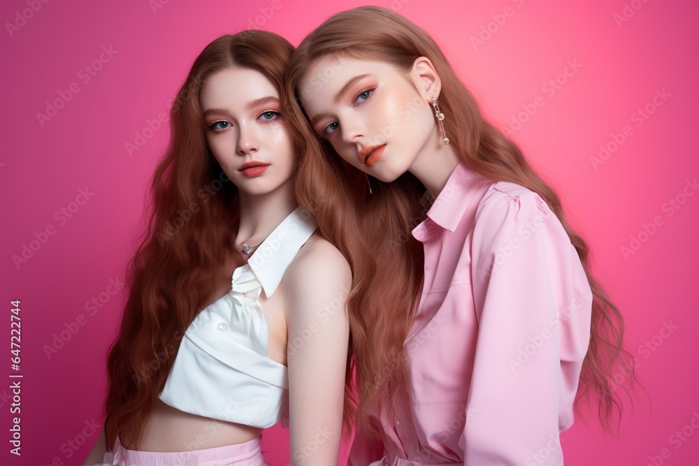 Portrait of two beautiful girls in the studio on a pink background Portrait of two beautiful girls in the studio on a pink background