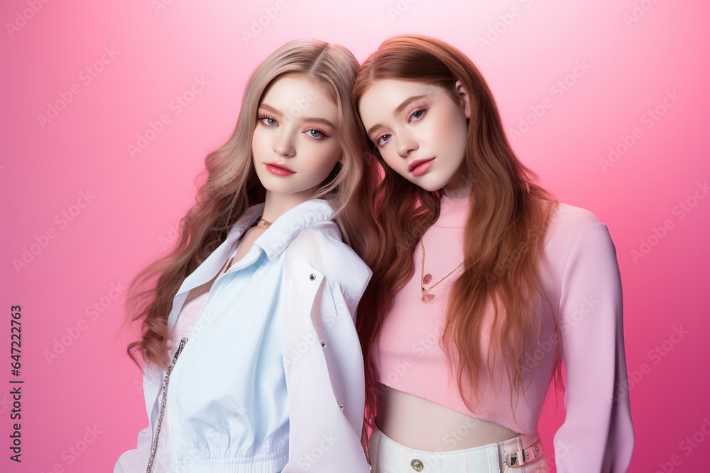 Portrait of two beautiful girls in the studio on a pink background
