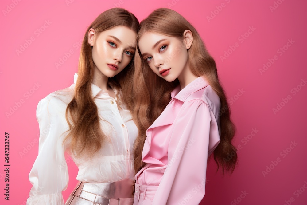 Portrait of two beautiful girls in the studio on a pink background Portrait of two beautiful girls in the studio on a pink background