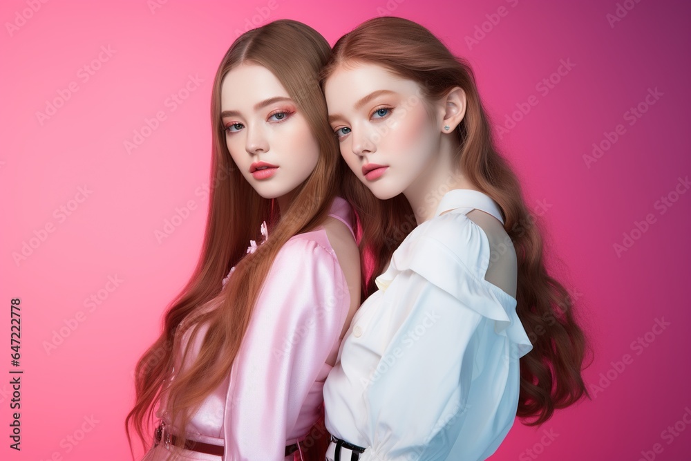 Portrait of two beautiful girls in the studio on a pink background