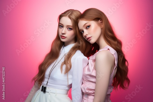 Portrait of two beautiful girls in the studio on a pink background