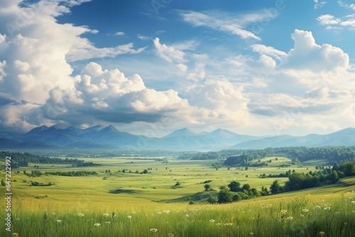 Beautiful panoramic landscape with sky and clouds. Generative AI