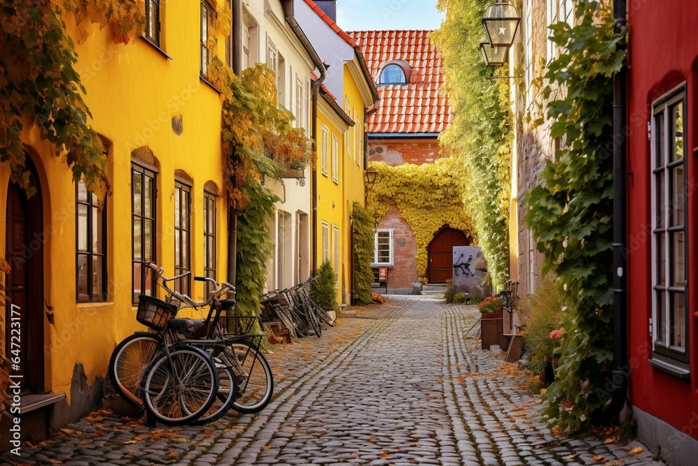 A quaint alley with traditional Swedish houses in Malmo's old town. Nordic architecture displayed with cobblestones and bicycles. Generative AI