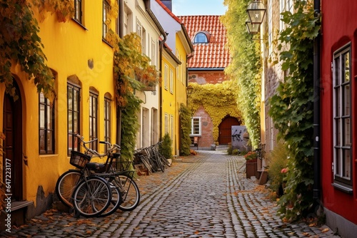 A quaint alley with traditional Swedish houses in Malmo s old town. Nordic architecture displayed with cobblestones and bicycles. Generative AI