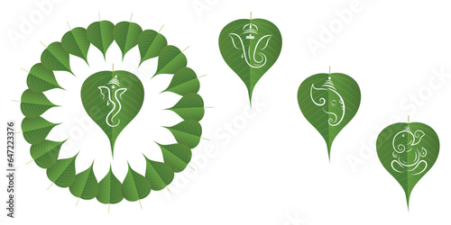 peepal leaf cut ganpati set. Decoration for Indian Hindu Auspicious Occasion, ganesh chaturthi special. natural peepal leaf ornate vector, editable design.