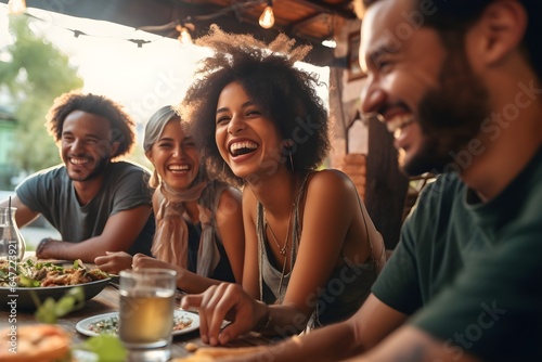 Group of friends having dinner in a restaurant outside. Laughing and enjoying dinner during summer, cherished memories