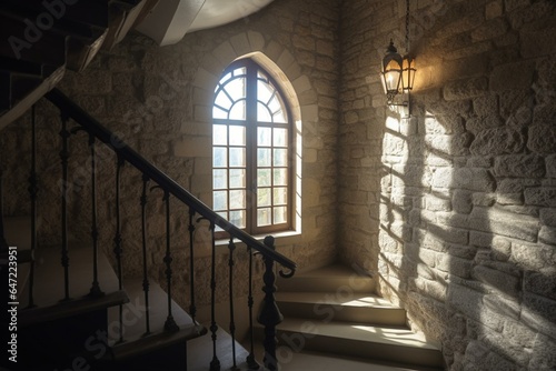 A building staircase with a window and railing, and light shining above. There's also a stone wall with an arch. Generative AI