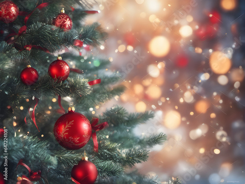 close-up of a festively decorated Christmas tree with bright red balls against a background of blurry sparkling light. Christmas decoration. Christmas mood. generative AI