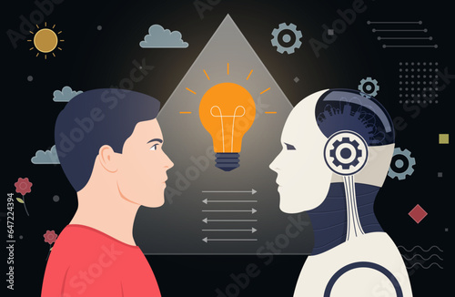 Human and artificial intelligence heads with light bulb. Teamwork concept.