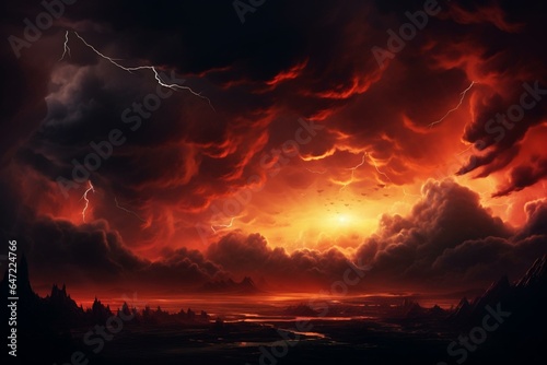 A stunning 4k wallpaper showcasing a striking red sky landscape with thunderous atmosphere. Generative AI