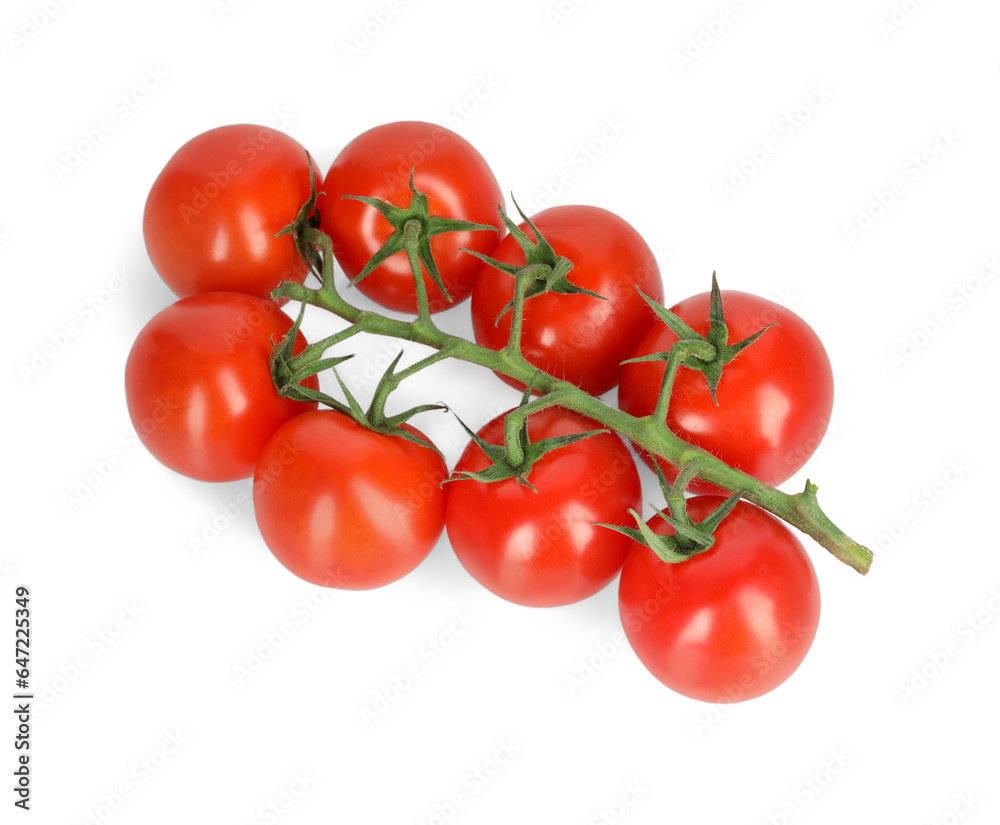 Branch of red ripe cherry tomatoes isolated on white, top view