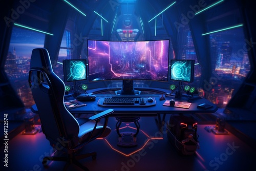 Futuristic gaming setup with neon lights on a blue background. Generative AI