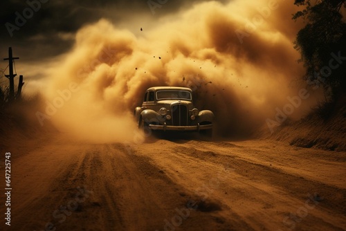 A car drives down a dusty road with dust billowing from the front and back. Generative AI