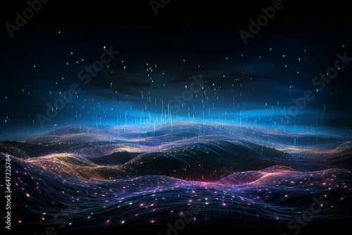 Illustration depicting interconnected cyberspace and flowing data particles. Generative AI