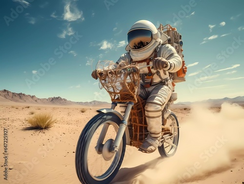 Funny picture of body positive astronaut riding fast on bike, he is happy. Generative Ai