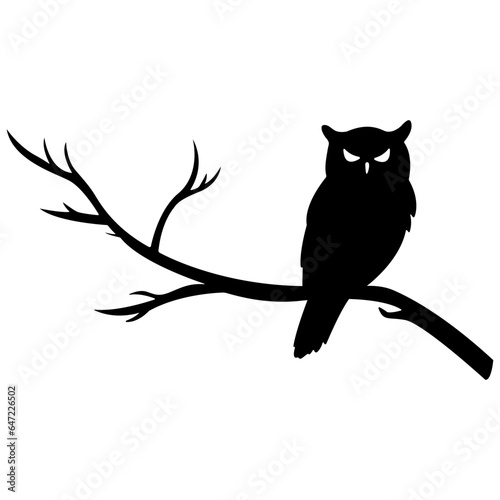 Happy Halloween black silhouette of spooky owl perched on tree branch. Vector illustration isolated on white background. Simple flat style graphic. Concept digital art, hand drawn. Clip-art. © Meowcher24