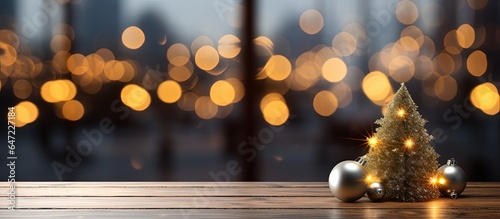Blur background of wood table with Christmas tree before holiday
