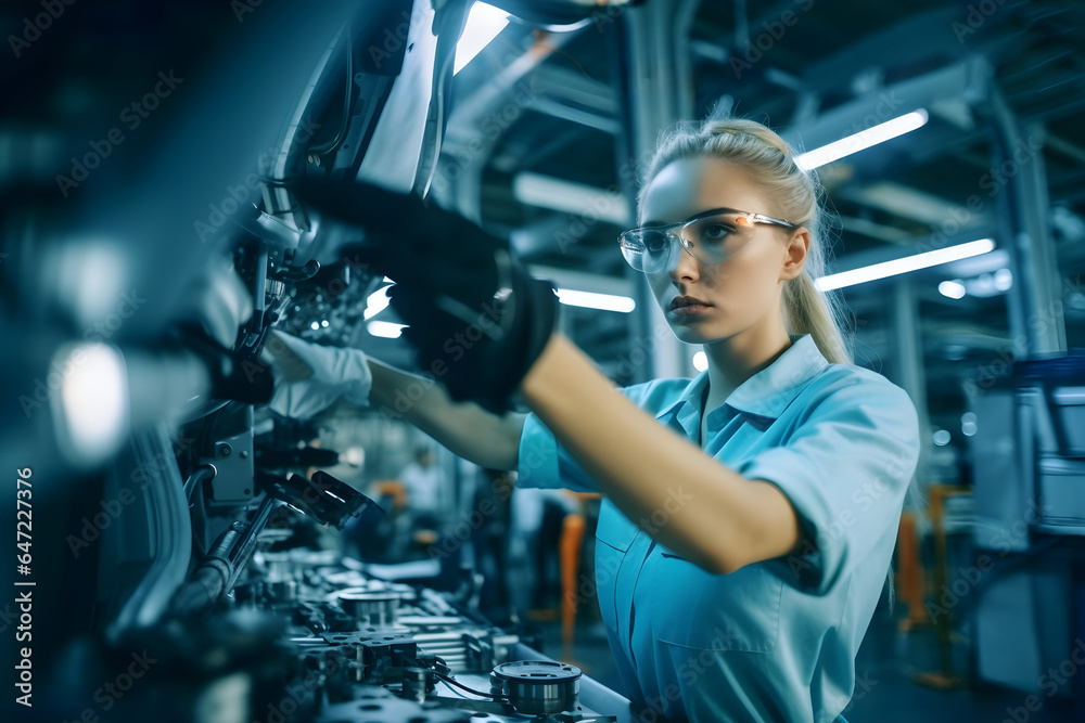 Female expert engineer working on some machinery, displaying expertise in technology and electronics. Female expert engineer working on some machinery, displaying expertise in technology and electronics.