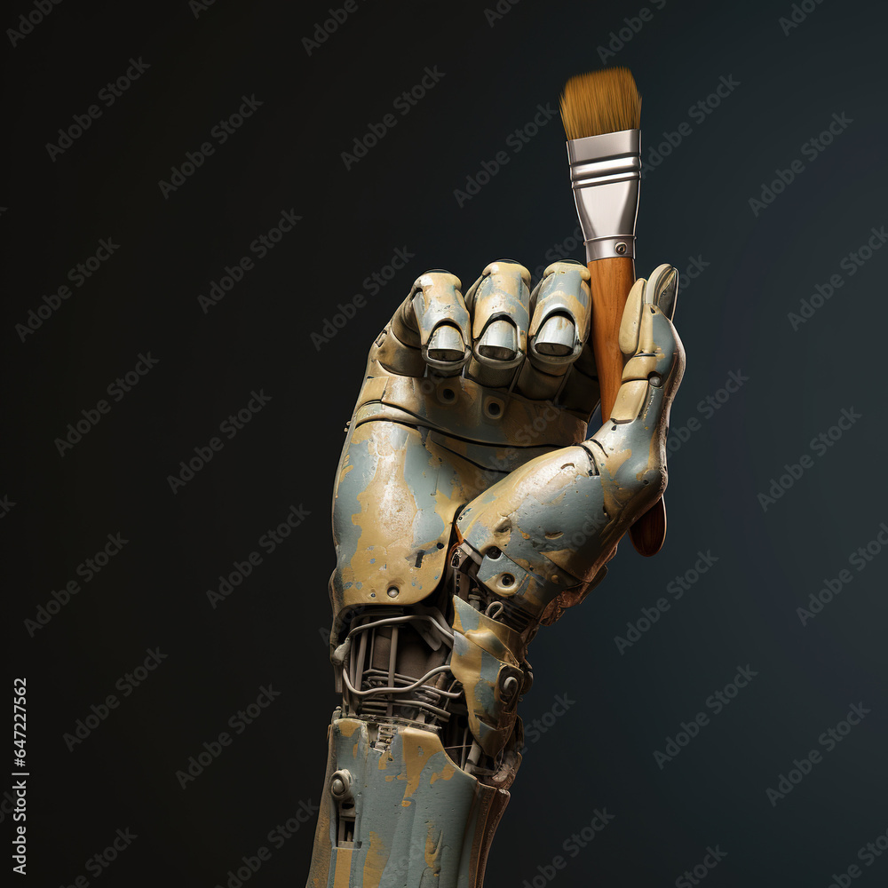 3d Robotic hand with a paintbrush represents the union of art with