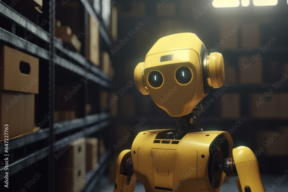Close-up 3D illustration of a yellow robot in a warehouse. Generative AI