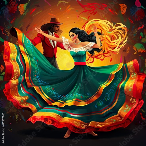 Mexican couple illustration wearing traditional cultural attire 