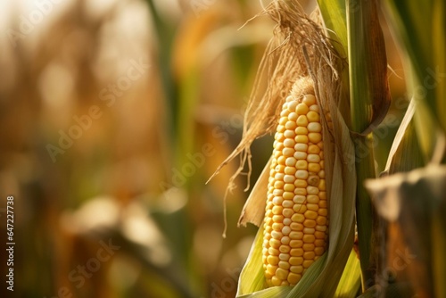 Closeup of corn ear in natural corn field with focused foreground. Generative AI