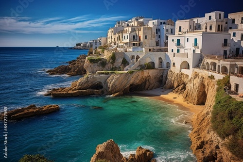 Picturesque Vieste village on Puglia's rocky coast. Generative AI photo
