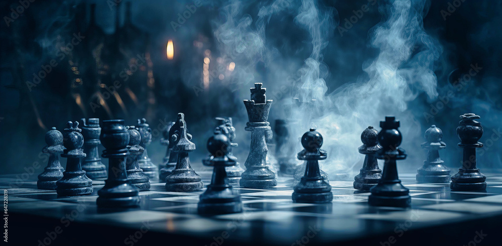 Chess Sets Surrounded by Smoke: A Strategic Battle Unfolds - obrazy, fototapety, plakaty 
