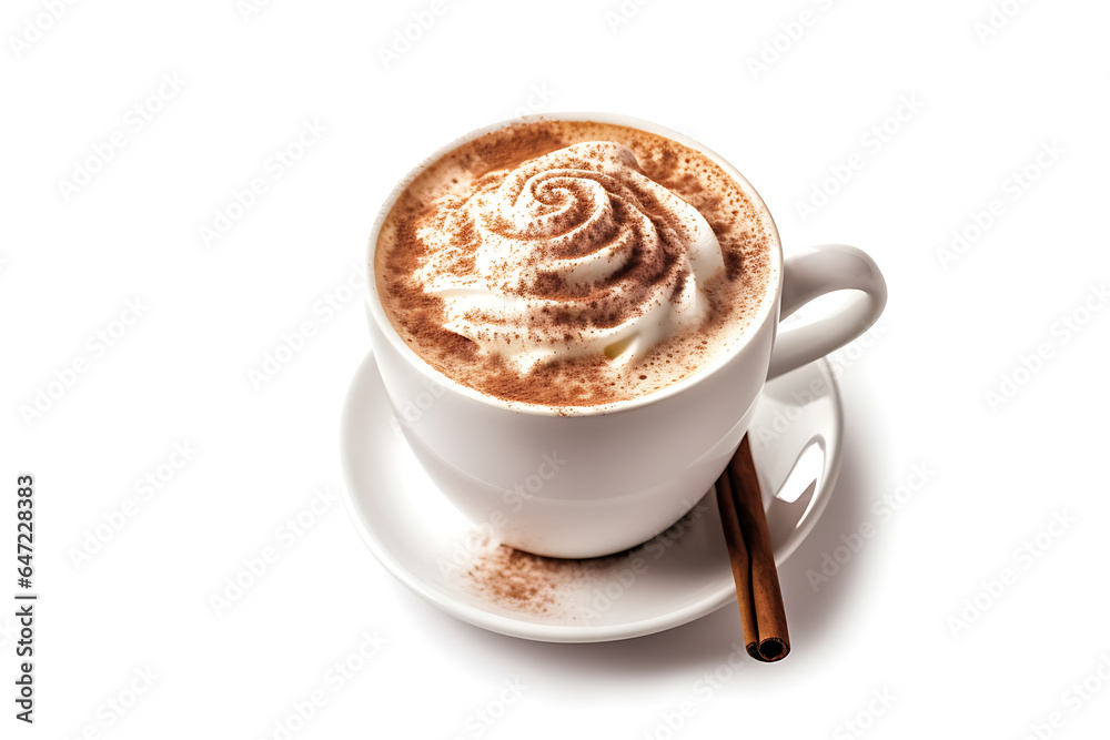 A cup of coffee or hot choclate with milk whip cream and cholcolate powder with cinnamon stick on the white background. A cup of coffee or hot choclate with milk whip cream and cholcolate powder with cinnamon stick on the white background.