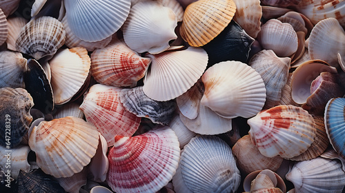 Close-up of a bunch of various colorful shells on seashore, top view