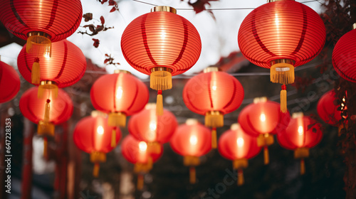 Red Chinese lanterns hanging outdoors as a garland.