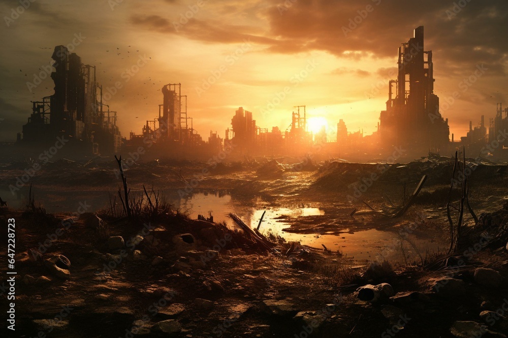 A desolate city in ruins, portraying devastation, destruction, decay, desperation, a post-apocalyptic wasteland resembling Mad Max's dystopia. Generative AI - obrazy, fototapety, plakaty 