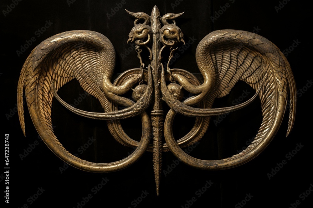 Symbol depicting two snakes coiled around a winged staff. Generative AI