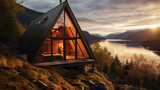 Beautiful A-frame cabin in the wilderness with a view of dramatic fjords