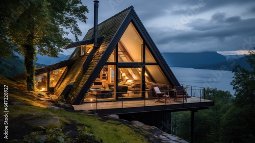 Beautiful A-frame cabin in the wilderness with a view of dramatic fjords