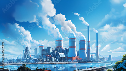 Thermal power station, modern power plant, industrial landscape. Thermal power station set against a blue sky,