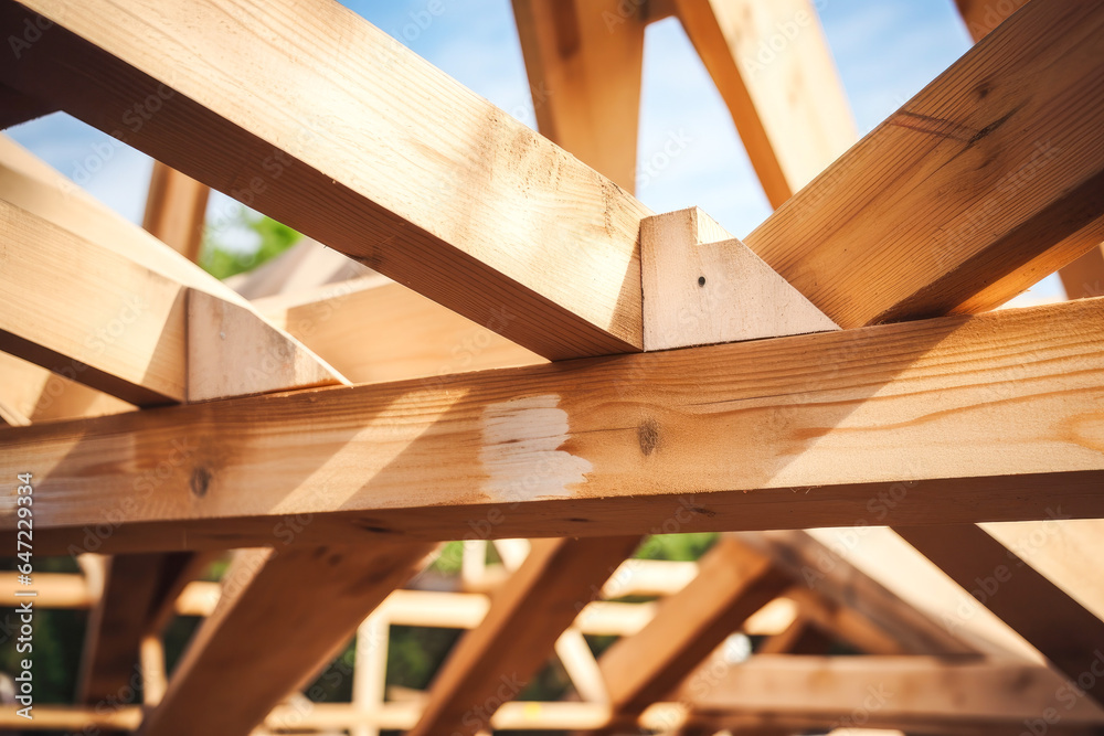 Detail of wooden frame of the prefabricated structure, view towards the sky Detail of wooden frame of the prefabricated structure, view towards the sky