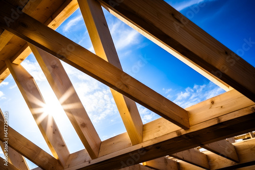 Detail of wooden frame of the prefabricated structure, view towards the sun
